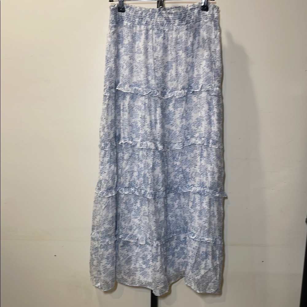 CeCe Blue and White Floral Tiered Maxi Skirt